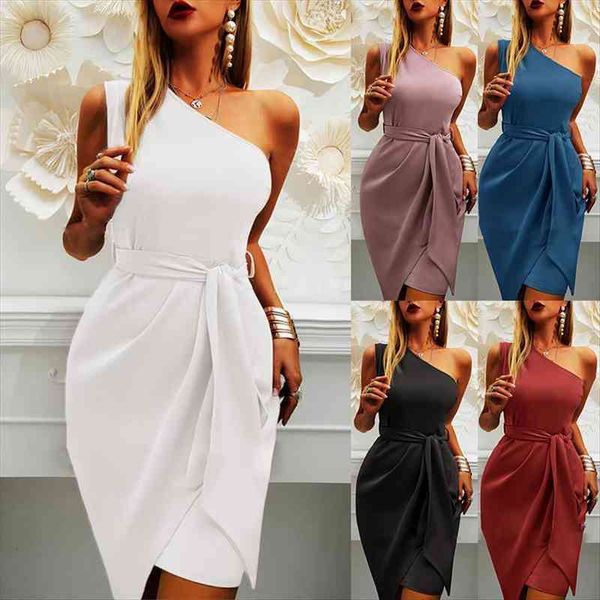 

elegant temperament inclined shoulder solid women dresses color sleeveless belt party midi dress fashion asymmetrical for, Black;gray