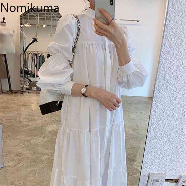 Nomikuma Abiti Nuovo arrivo Colletto alla coreana Manica lunga Abito bianco Donna Tinta unita A Line Abiti vintage Stile coreano 3c363 210409