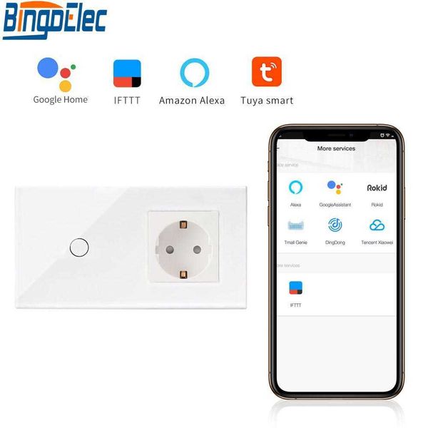 

bingoelec 1 gang 1 2way wifi touch with germany socket eu standard crystal glass panel smart home automation light switch