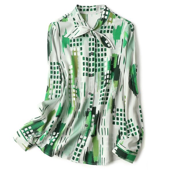 

92% silk 8% spandex women's shirt bow collar long sleeves printed ruched elegnat blouse camisa, White