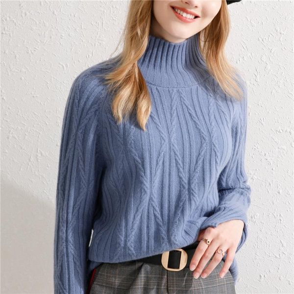 

women's sweaters lhzsyy 2021 autumn winter 100%pure wool sweater women' twisted pullover half-high collar wild short cashmere knit, White;black