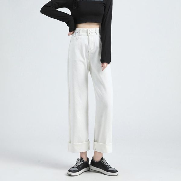 

women's jeans white women's style drape high waist slim straight leg pants wide mopping floor comfortable denim trousers, Blue