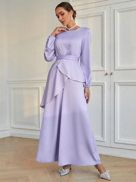

lantern sleeve asymmetrical hem belted & wide leg pants q4ia#, White