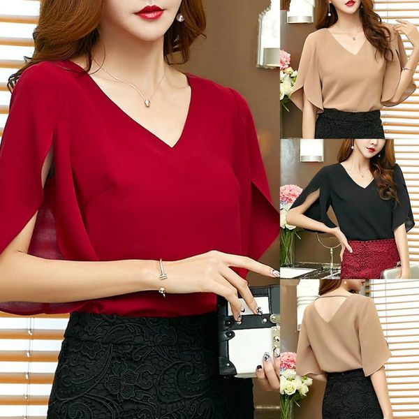 

women's blouses & shirts women v-neck chiffon blouse ruffle short sleeves loose office ol ser88, White