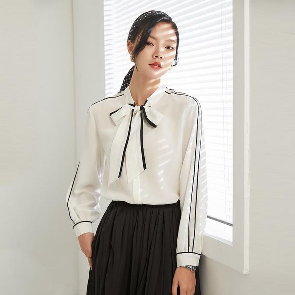 

women's blouses & shirts [ product] jin ju spring and summer ribbon contrast color elegant silk 100% shirt women, White