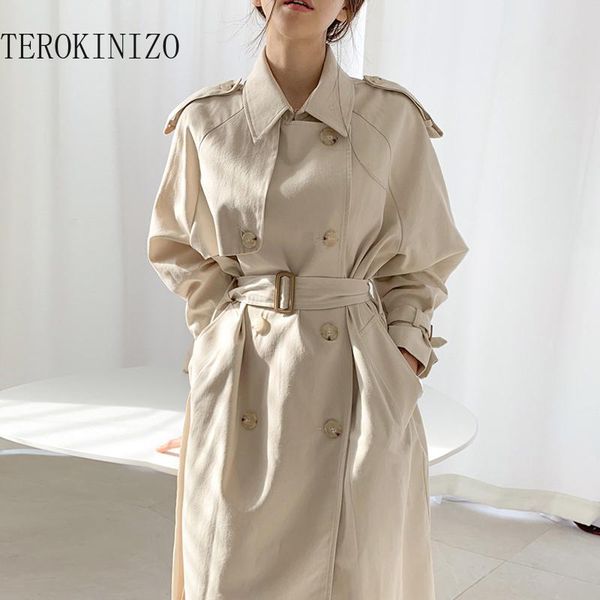 

women's trench coats terokinizo elegant turn down collar double breasted pure color french style chic jackets slim waist, Tan;black