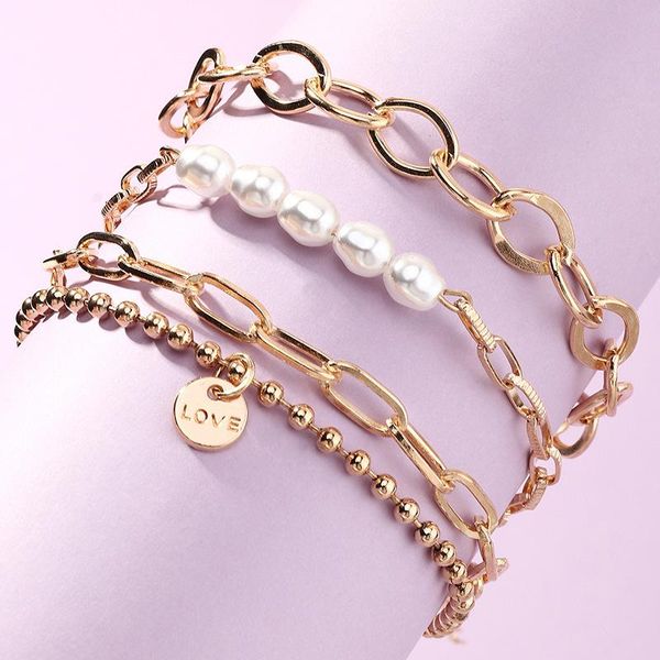 

charm bracelets punk gold color metal geometric circle bead chain bracelet women imitation pearl 2021 fashion party jewelry, Golden;silver