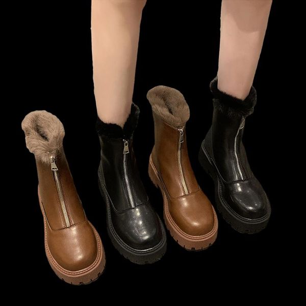 

boots shoes women anklet round toe thick sole comfortable platform snow for woman winter female keep warm botas de mujer, Black