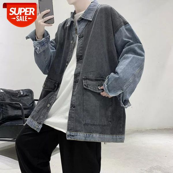 

2021 men's fashion trend denim streetwear jacket casual splicing color coats lapel collar loose cowboy outerwear plus size s-3xl #4d2z, White;black