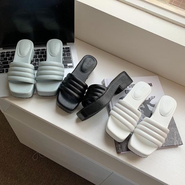 

slippers women summer shoes pantofle platform low slides fashion 2021 luxury basic fabric hoof heels rubber pu rome woman', Black