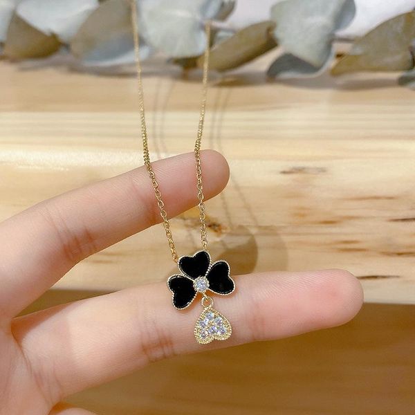 

chains korean style rhinestone luxury clavicle chain necklace for women black four-leaf clover titanium steel heart pendant jewelry, Silver