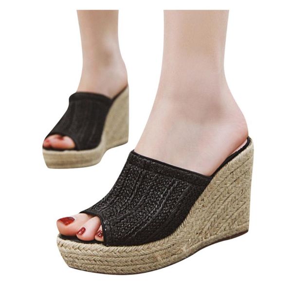 

slippers women's slipper outdoor flats open toe wedges thick bottom shoes comfortable casual slip-on straw 2021 women, Black