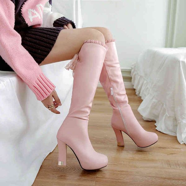 

dress shoes ymechic fashion sweet pink white ribbon cross tied lace ruffles platform knight riding high heels knee boots 43 vwlt, Black