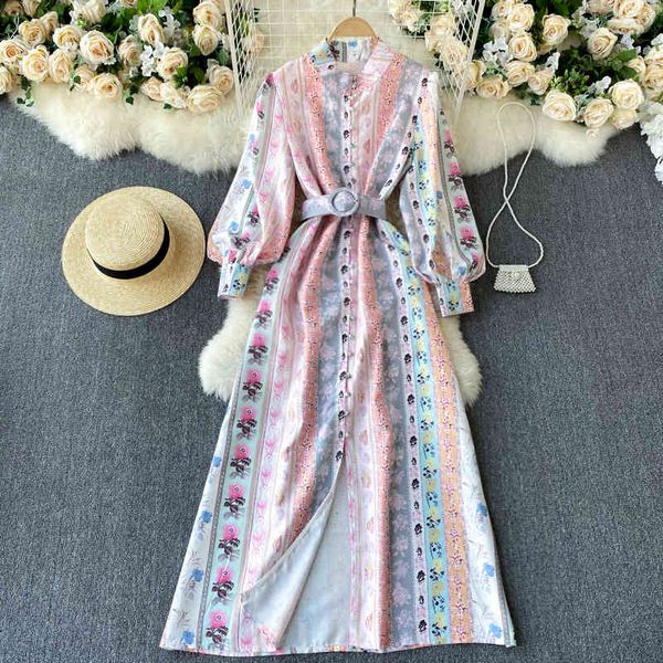 

dresses croysier runway fashion vintage print maxi women stand collar sleeve elegant shirt with belt long es, Black;gray
