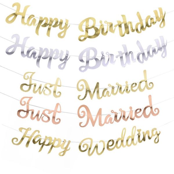 

1pcs rose gold silve happy birthday just married wedding garland for party decoration hanging banner flag