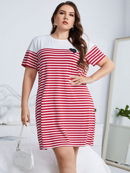 

plus heart embroidery striped print dress 87rb#, Black;gray