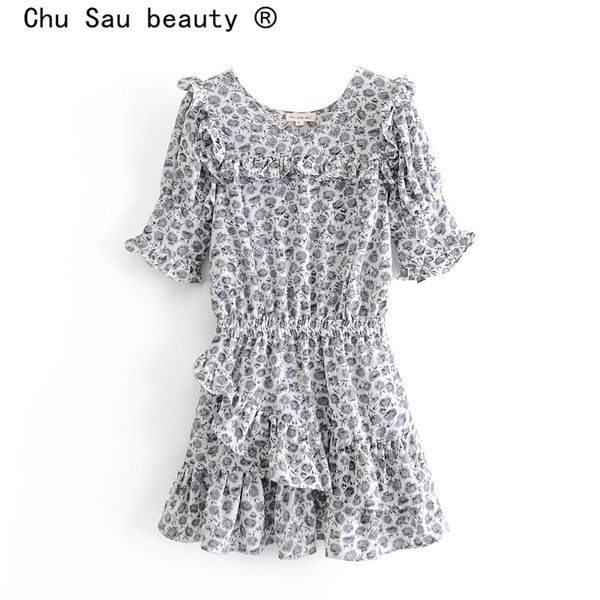 

fashion summer casual chic floral print mini dress women holiday style ruffles v-neck dresses female vestido de moda 210508, Black;gray