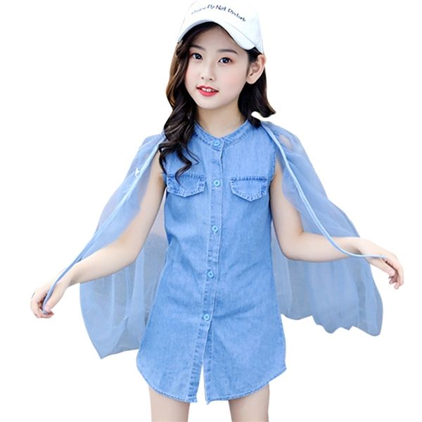 

girls clothes set denim vest + mesh dress children's for casual children girl summer costume 210527, White