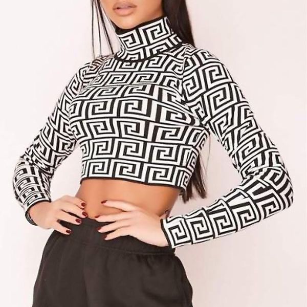 

women's t-shirt high-necked long-sleeved spring/autumn street fashion comfortable slim short print navel bottoming women, White