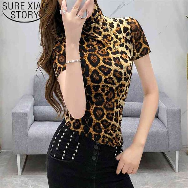 

korean style women spring shirts high neck short sleeve leopard t-shirt female fashion slim fit bottom shirt 8412 50 210506, White