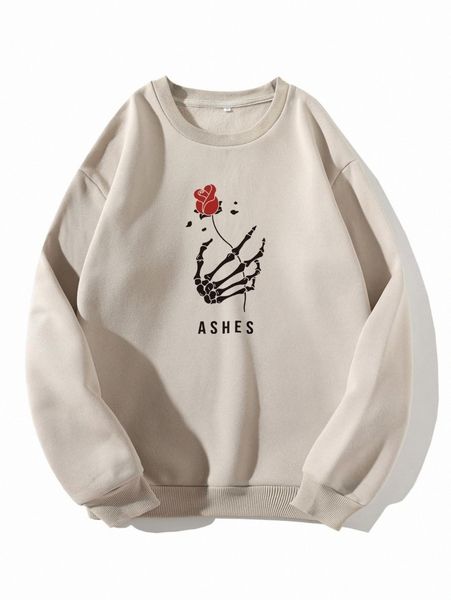

rose & skeleton finger print thermal pullover 26vs#, White;black