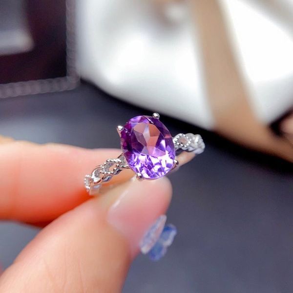 

cluster rings genuine amethyst ring for women birthday gift 7*9mm natural purple gemstone real 925 sterling silver fine jewelry daily wear, Golden;silver