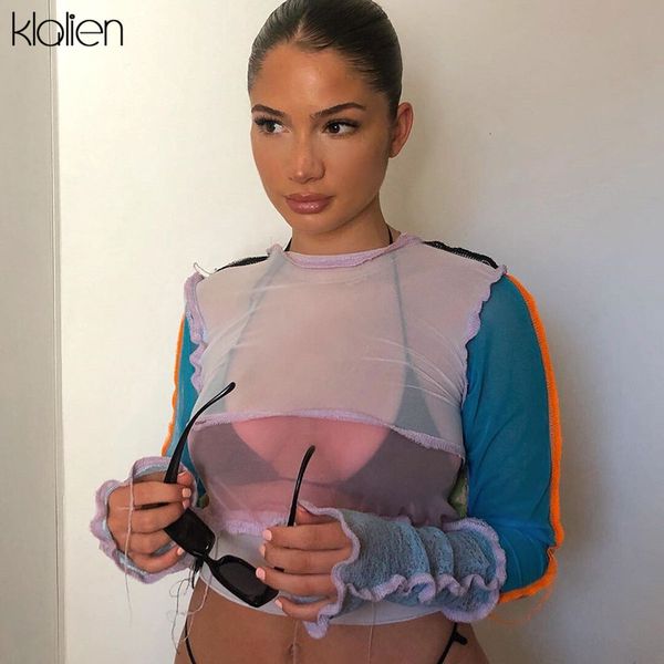 

t shirt fashion casual patchwork female t shirt women see through mesh autumn long sleeve o neck streetwear wild tee, White