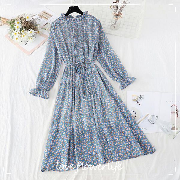 

spring summer pleated chiffon dress women elegant lotus leaf collar long sleeve floral long dress loose party vestidos 210521, Black;gray