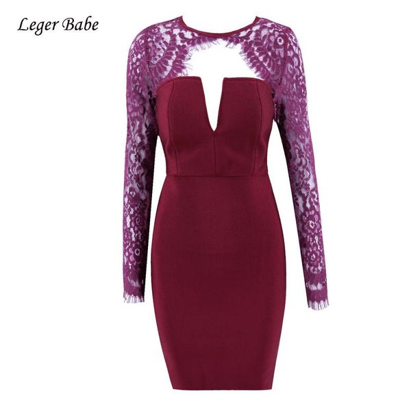 

casual dresses leger babe hl chic o neck long sleeve lace hollow out patchwork wine red celebrity bodycon spring women bandage dress clubwea, Black;gray