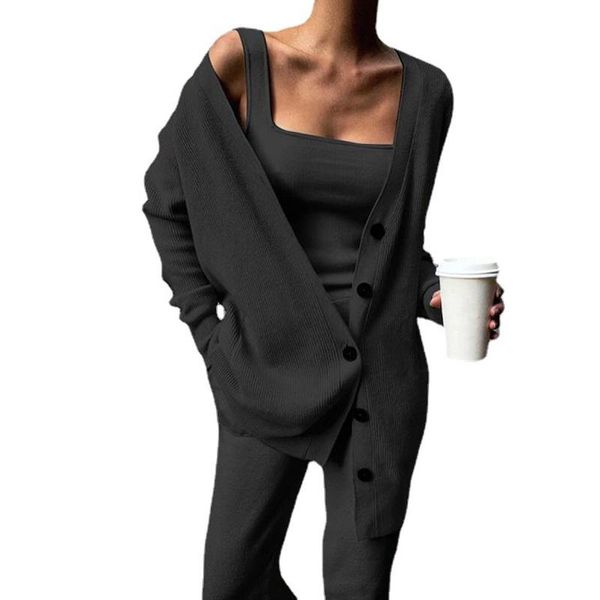 

women's two piece pants knitted three-piece female 2021 spring and autumn style european american jacket vest suit, White