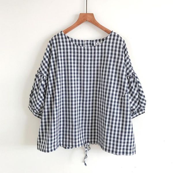 

women's blouses & shirts vintage cotton linen plaid women blouse summer o-neck lantern sleeved loose elegant office lady pulls outwear, White