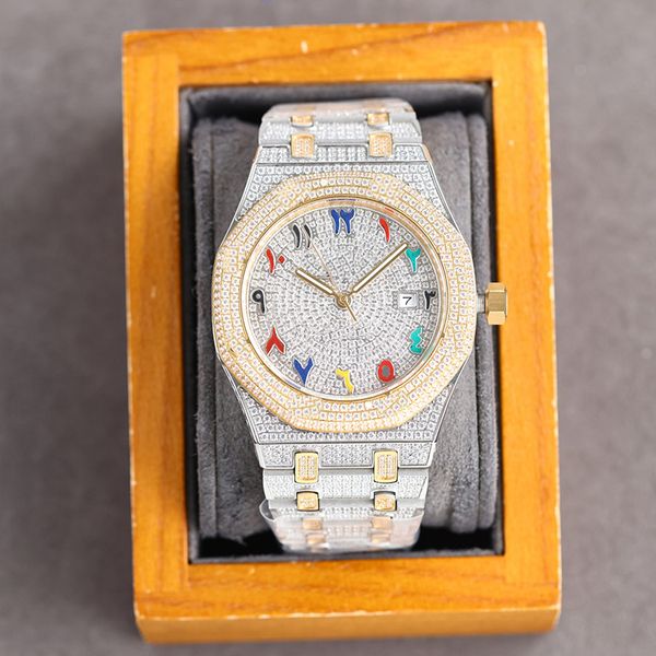 

full diamond mens watch 40mm automatic mechanical 904l men wristwatch waterproof wristwatches diamonds bezel montre de luxe, Slivery;brown