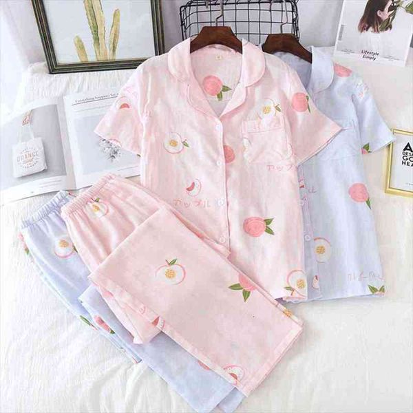 

japanese style summer 100% cotton womens sleepwears gauze pajamas set sweet and soft short sleeved trousers home service pyjamas women, Black;red