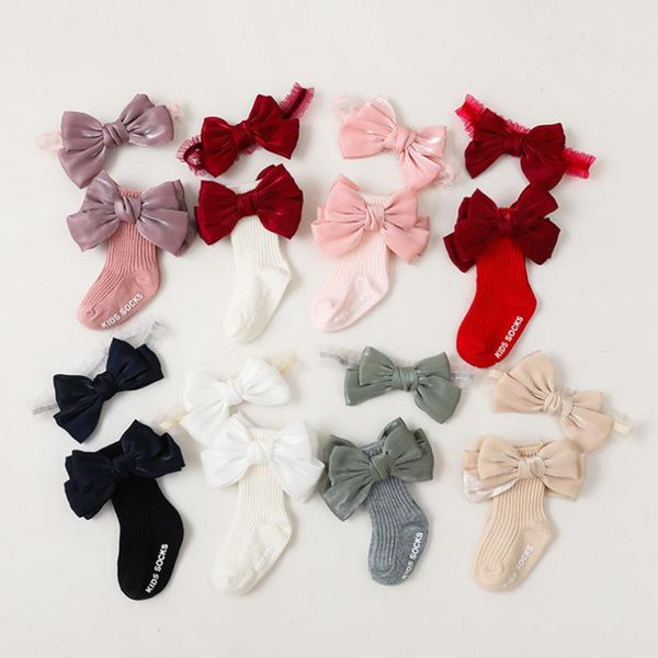 

socks lovely silk bows born baby girl cotton set for toddler fall winter warm ankle kids anti-slip +headwear, Pink;yellow