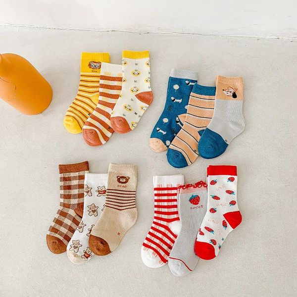 

socks 3 pairs/lot fashion children 1-8 years cartoon red strawberry boys girls tube autumn cotton student sports, Pink;yellow