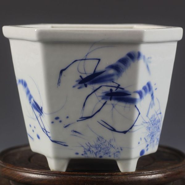 

chinese old porcelain blue and white pomegranate shrimp drawing meaty plant flower pot, Brown