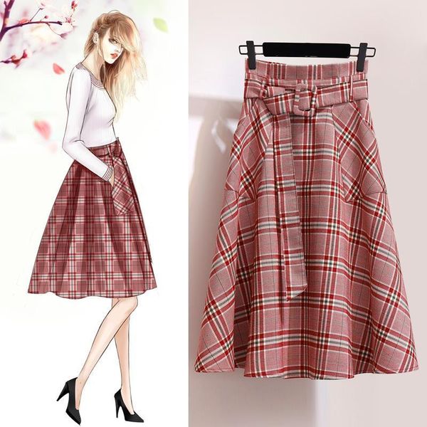 

skirts 2021 spring autumn women korean style red blue plaid skirt female elastic waist midi with belt y415, Black
