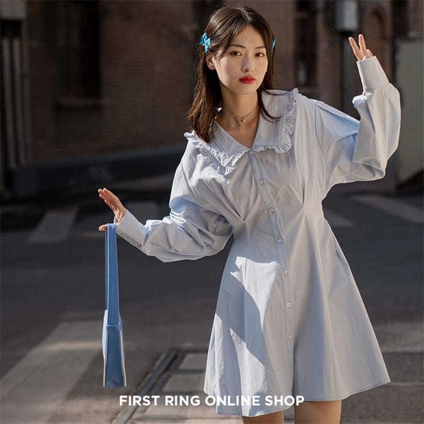 Кукольный воротник вздохнул талии платье женщины короткая рубашка юбка мини-лето Корейский модный одежда 210520