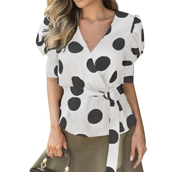 

women's blouses & shirts women polka dot blouse lady shirt summer casual print puff sleeve warp lace up loose ol, White