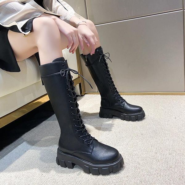 

boots women's combat black high lace-up fashion side zipper knee-length thick bottom non-slip