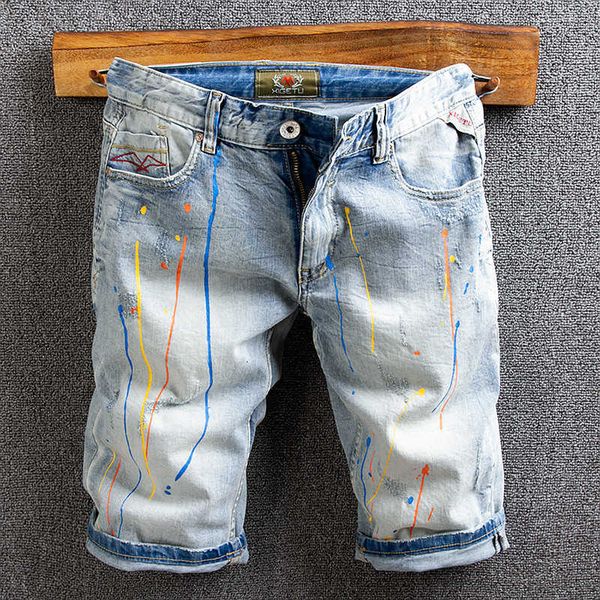 

men's jeans summer fashion light blue elastic ripped denim shorts men printed designer hip hop short jvt0 w8i3