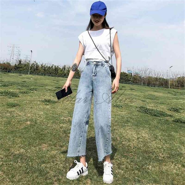 

women's jeans spring/summer ankle length straight up and down edge wide leg casual pants 82b1, Blue