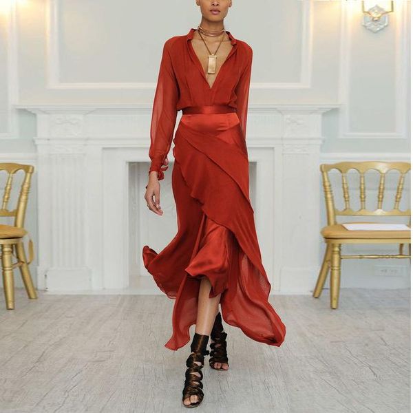 

casual dresses european style autumn women fashion deep v-neck solid asymmetrical maxi dress elegant gauze long sleeve party vestido, Black;gray