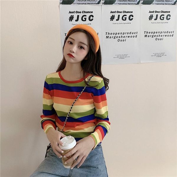 

women's t-shirt casual rainbow striped t-shirts japanese kawaii ladies ulzzang female korean harajuku clothes for women, White