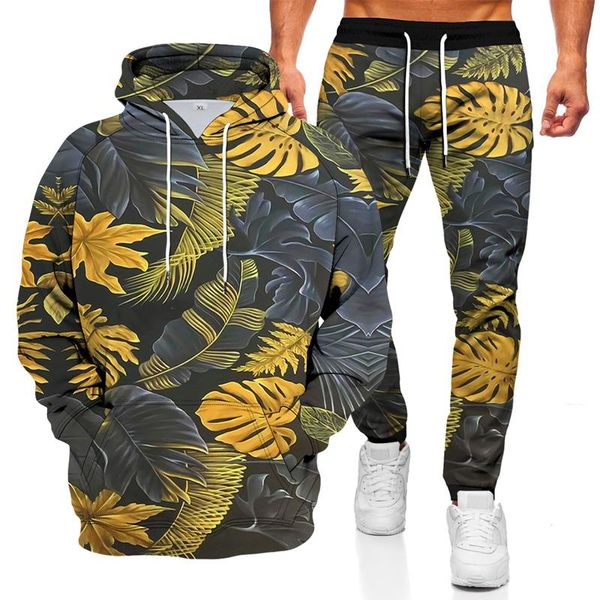 

men's tracksuits 2021 style casual sweater + sweatpants suit small fresh leaf 3d printed hooded pullover hoodie, Gray
