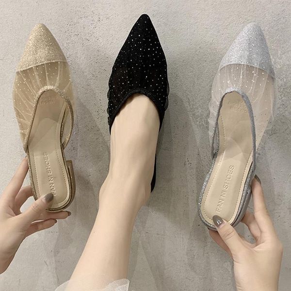 

slippers fairy bling breathable mesh pointed toe mules woman thick low heels shoes women sandals cover slip on slides 2021, Black