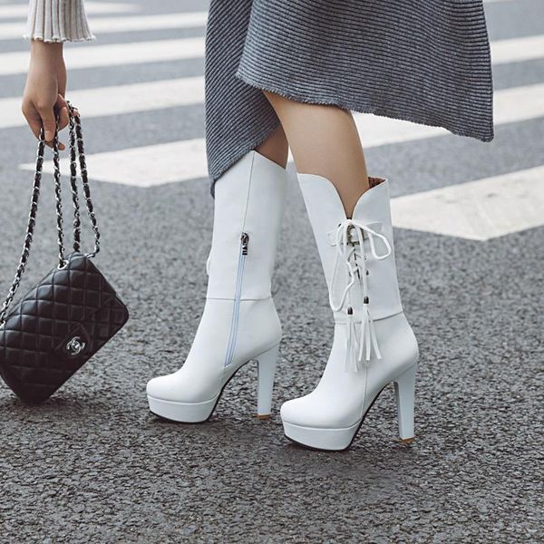

spring women ankle boots mid-calf side zipper round toe high heels short female fashion sweet women's shoes, Black