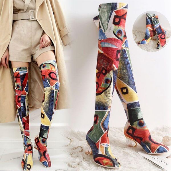 

boots est woman thigh high/mid-calf 10cm spike heel 6cm pointed toe shoe mixed color elastic fabric stretch slip on, Black