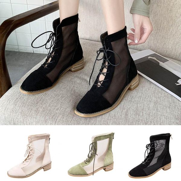

boots 2021 summer fashion women thick-soled lace-up solid color short boot round toe shoes #yl10, Black