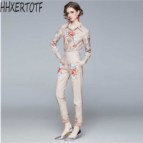 

spring runway pants suit sets fashion women's long sleeve turn down collar + two pieces sets 210531, White